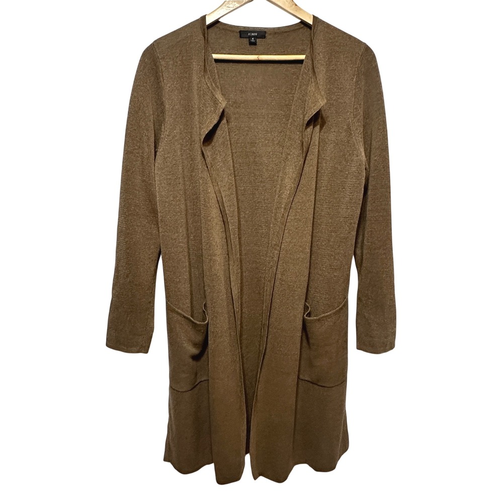 J.‎ Crew Linen Blend Open Front Long Cardigan Sweater Womens Small Camel Layer
